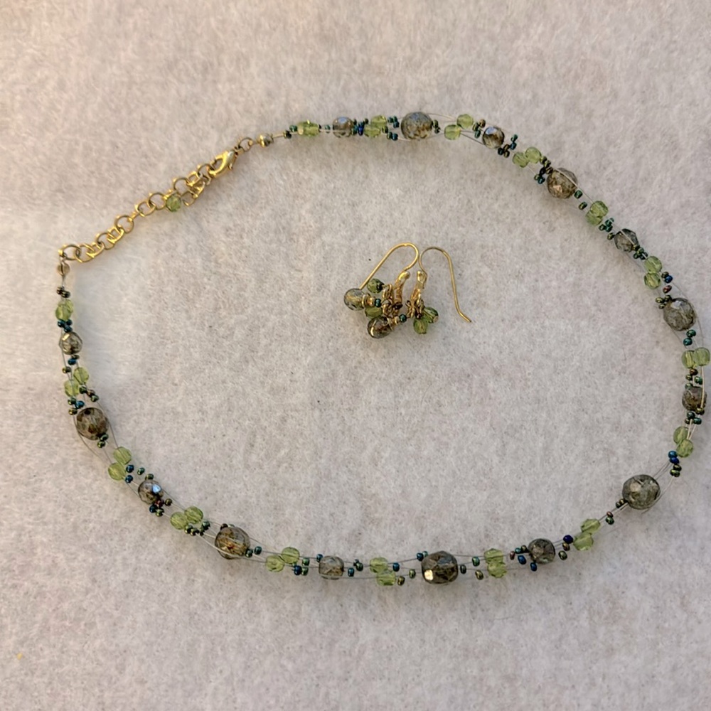 Green and blue beaded necklace and earrings